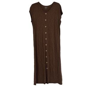 D & Co Naturals Midi Shirt Dress Brown Linen Blend Button Front Casual Size L